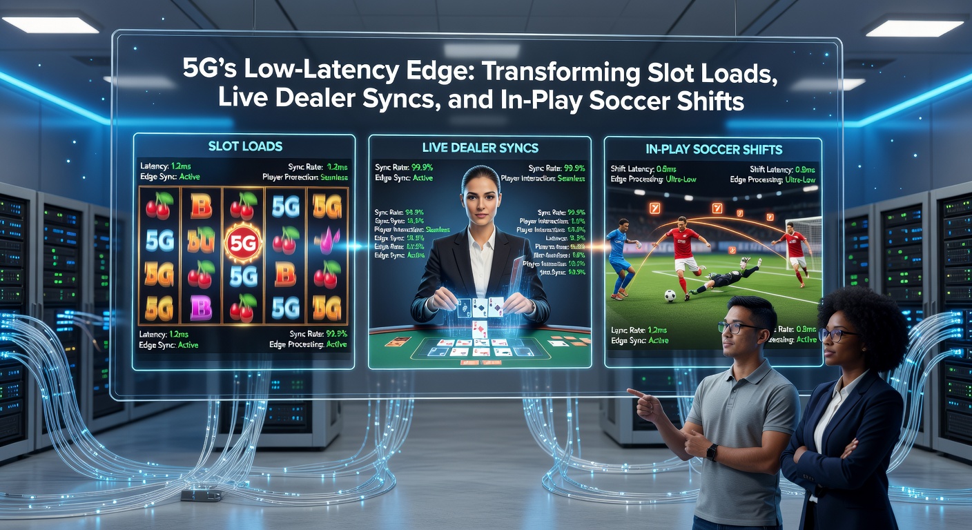 Visualisatie van 5G-netwerken die snelle dataoverdracht tonen in een online casino-omgeving met slots en live streams