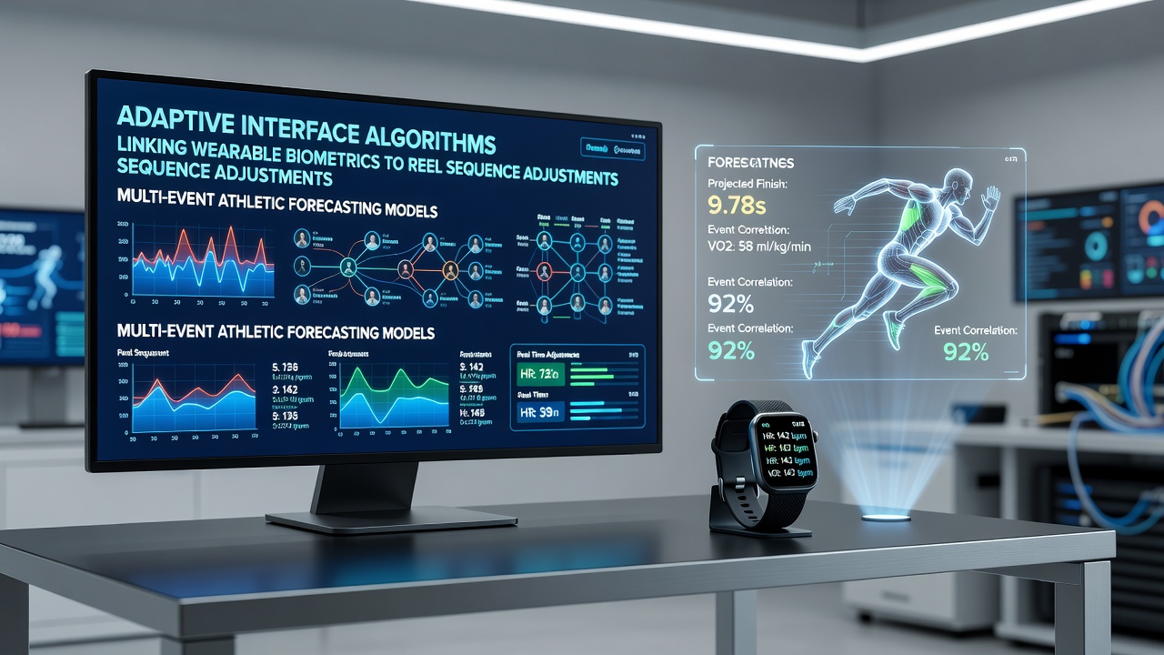 Illustratie van adaptieve algoritmen die biometrische data van wearables koppelen aan sequentieaanpassingen en sportvoorspellingen