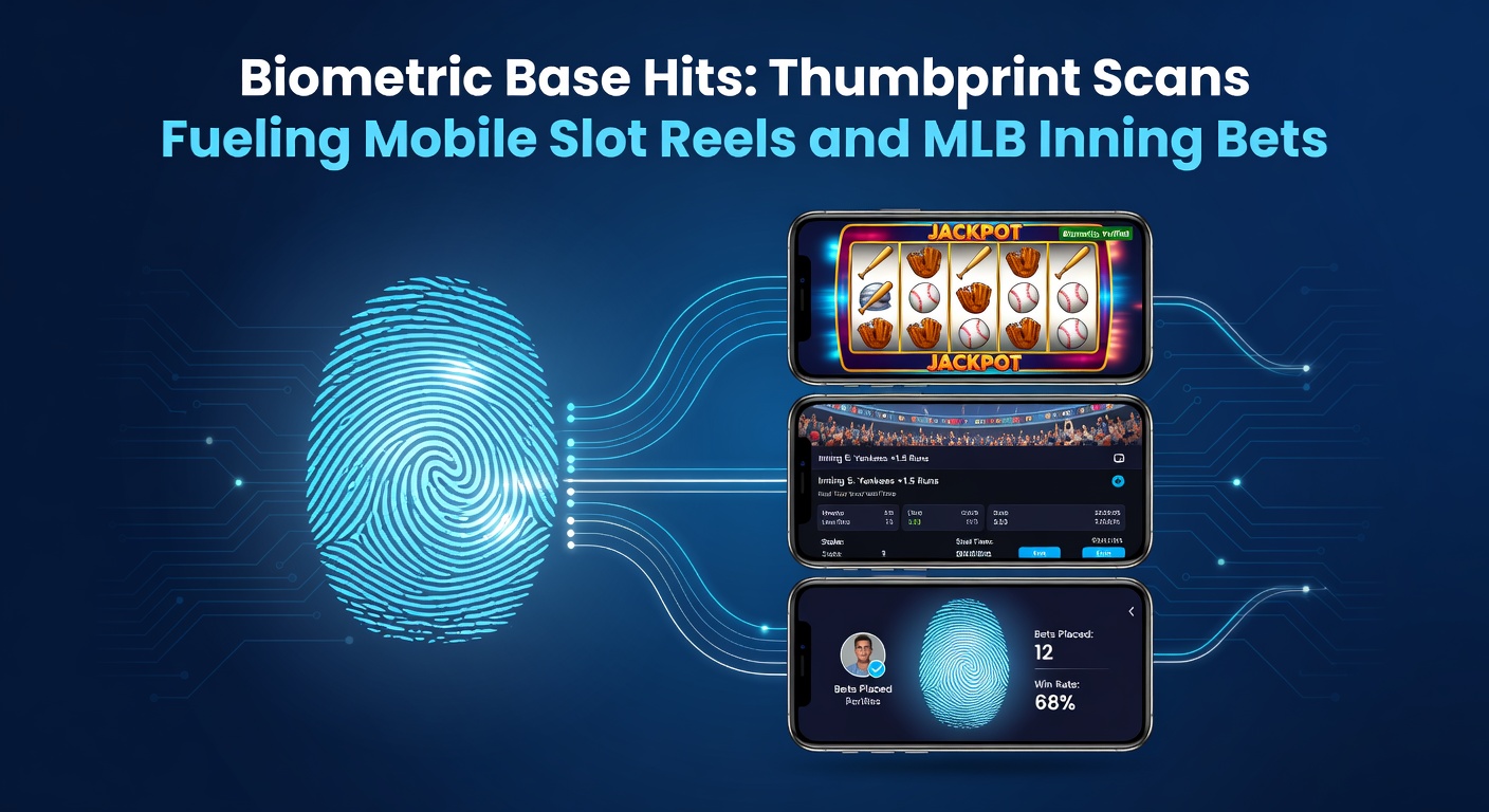 Smartphone met duimafdrukscanner naast draaiende slotrollen en een baseballveld met weddingschermen