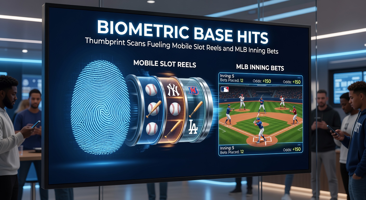 Duimafdruk op smartphone-scherm met overlay van MLB-scoreboard en slotpaylines
