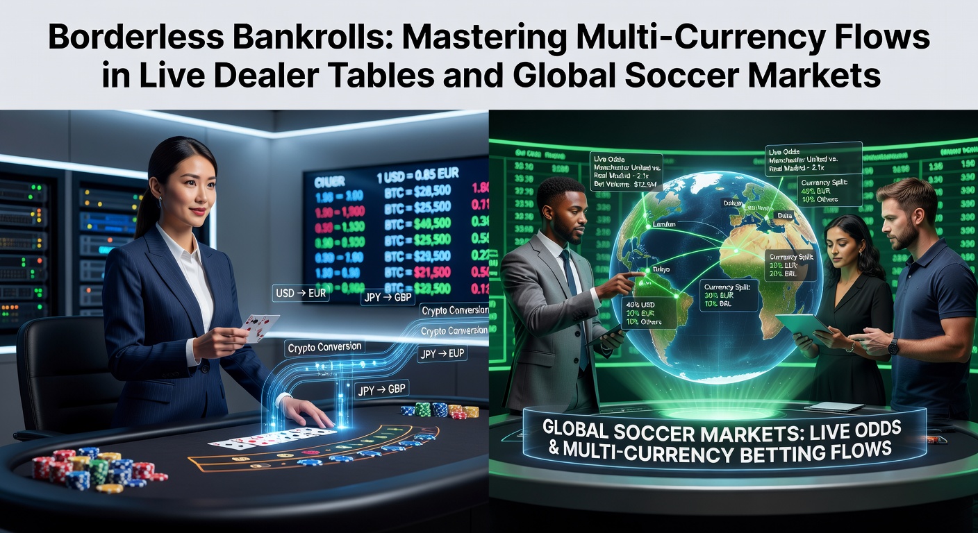 Grafiek met multi-valuta stromen in live casino en voetbalweddenschappen, symboliserend grensloze bankrollbeheer