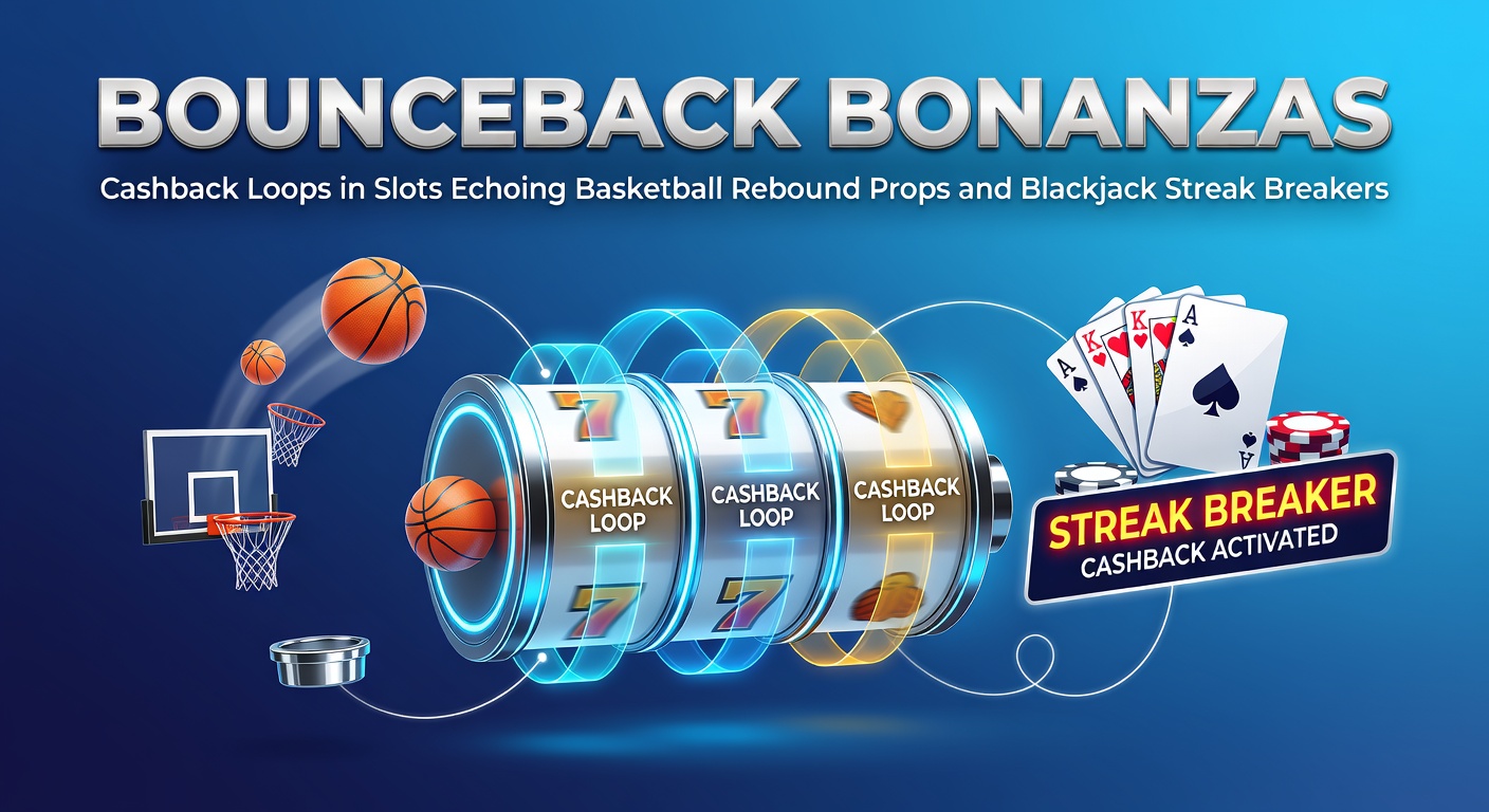 Dynamische illustratie van cashback-lussen in slots, met basketball rebounds en blackjack kaarten die momentum symboliseren