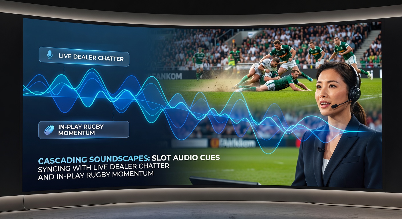 Live dealer scherm met rugby overlay en pulserende slot audio visualisatie