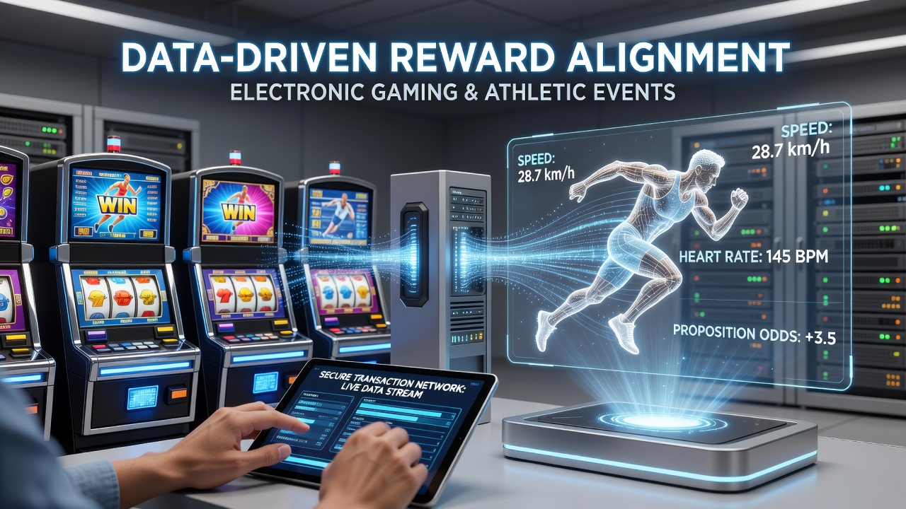 Illustratie van data-gedreven systemen die elektronische gamingapparaten verbinden met sportproposities via beveiligde netwerken