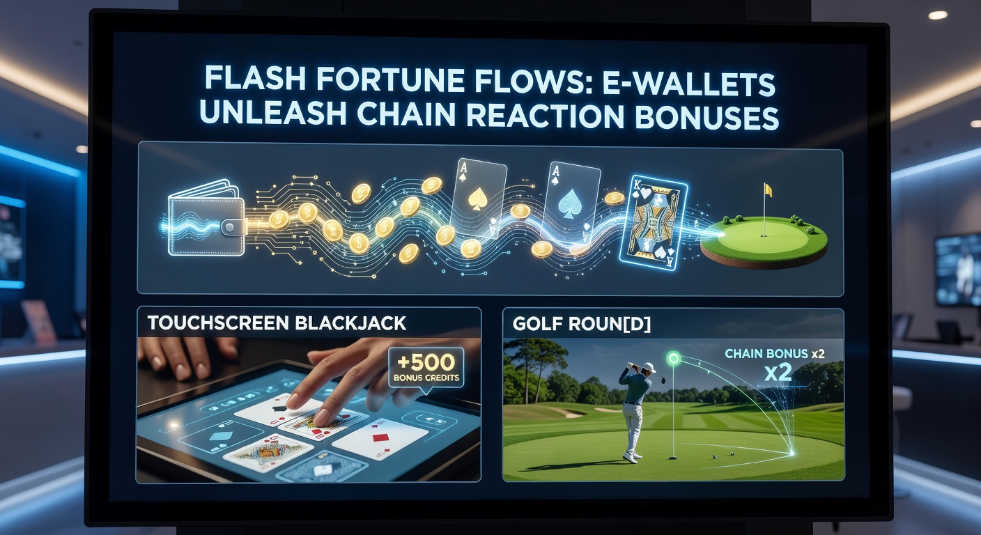 Close-up van golf ronde totalen op een app met overlay van e-wallet bonus chain en blackjack kaarten