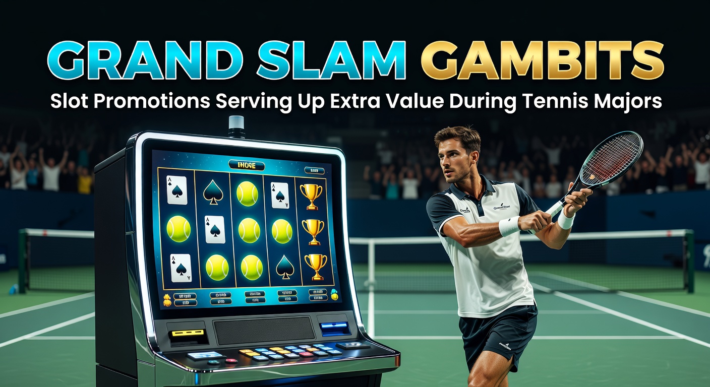 Tennisser serveert een bal terwijl slotrollen draaien met Grand Slam trofeeën op de achtergrond, symboliserend de link tussen tennis majors en casino promoties