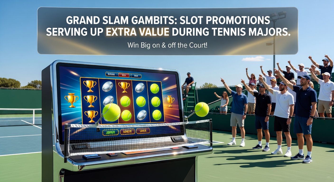 Slotmachine met Grand Slam bekers en tennisballen die rollen, naast een leaderboard van promoties tijdens een major