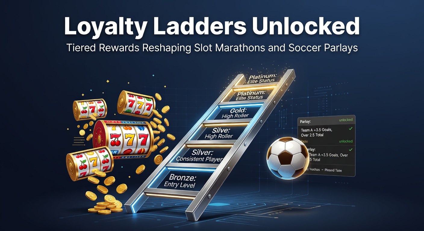 Grafische weergave van een loyaliteitsladder met treden vol beloningen voor slots en sportweddenschappen, symboliserend opklimmen naar hogere tiers