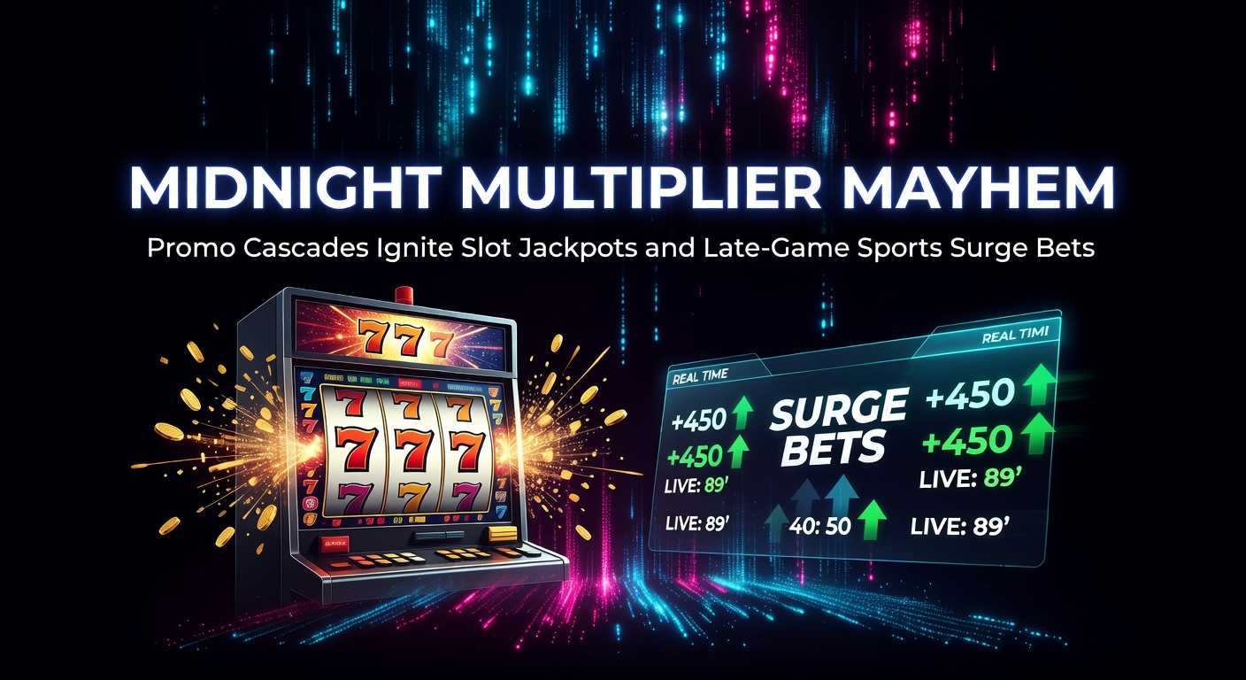 Schermafbeelding van een bruisende slotmachine met multiplier-cascades die jackpots activeren tijdens een middernachtsessie, naast een sportweddenscherm met late-game surges