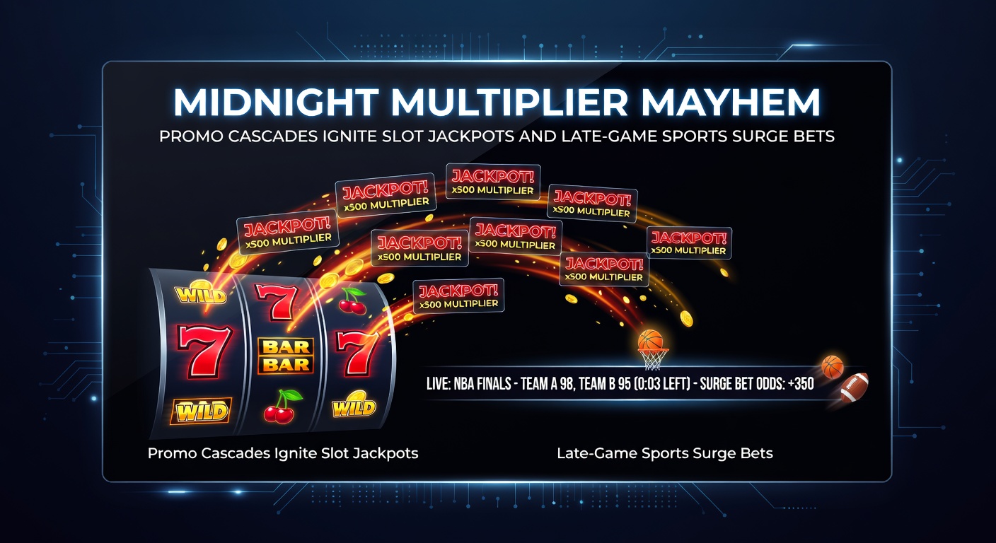 Dynamische weergave van late-game surge-bets op een sportweddenscherm, gekoppeld aan een slot-cascade jackpot die middernachtsessies verlicht
