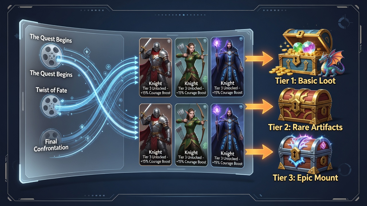 Illustratie van narratieve arcs in slotavonturen gecombineerd met fantasy-roster builds en beloningsniveaus