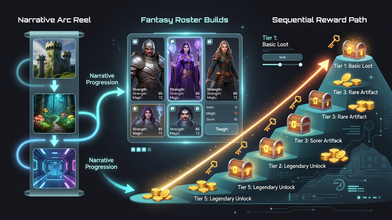 Voorbeeld van sequentiële beloningstiers die ontstaan uit samensmelting van reel-avonturen en fantasy-rosters