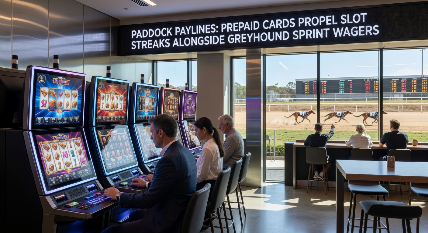 Greyhound honden in de paddock naast een slot machine interface met prepaid stortingsopties