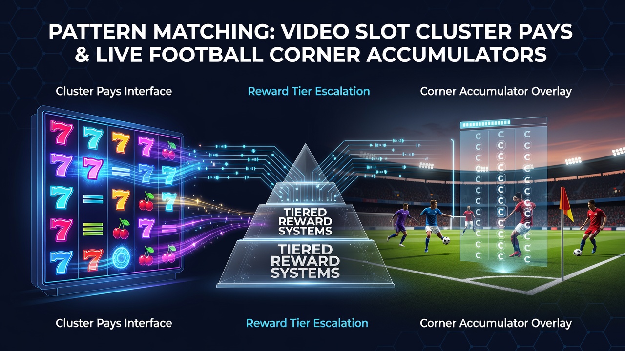 Illustratie van patroonherkenning in cluster pays slots en voetbal corner accumulators met tiered rewards overlay