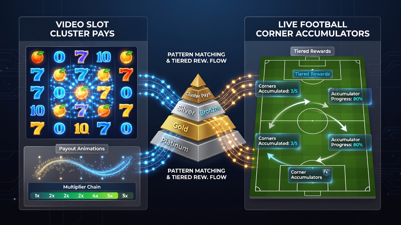 Diagram van gelaagde beloningen die slot clusters verbinden met voetbal corner accumulators