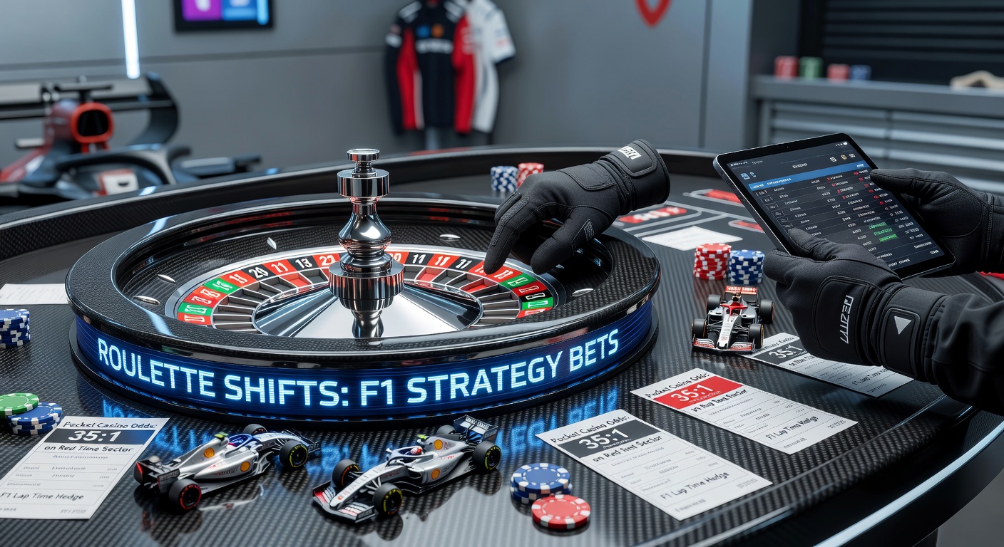 Dynamische scène van een Formule 1-pitstop naast een draaiend roulettewiel in een mobiel casino-interface, symboliserend strategische shifts en snelle uitbetalingen