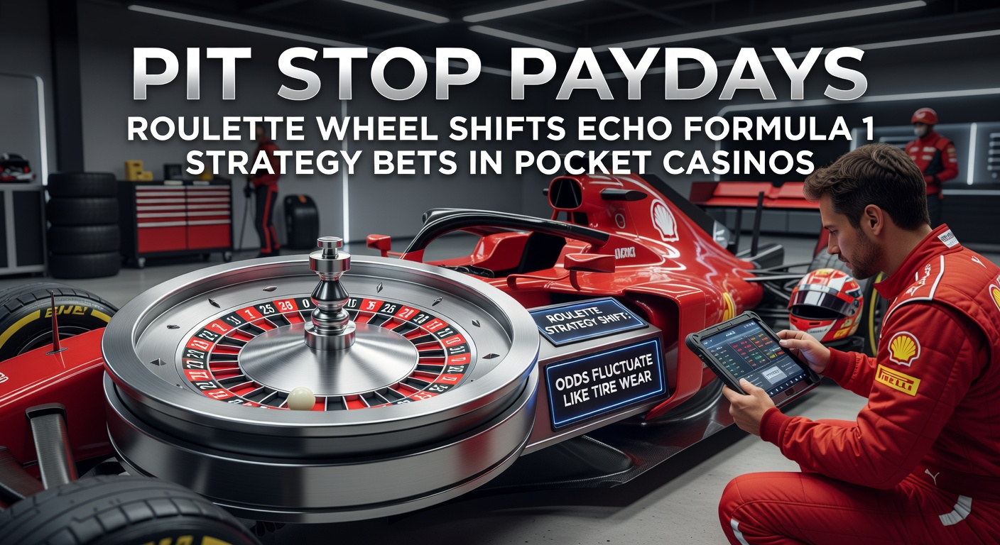 Close-up van een smartphone met een pocketcasino roulette-app open, overlay van F1-auto's in een pitlane, illustrerend strategische bets en snelle paydays
