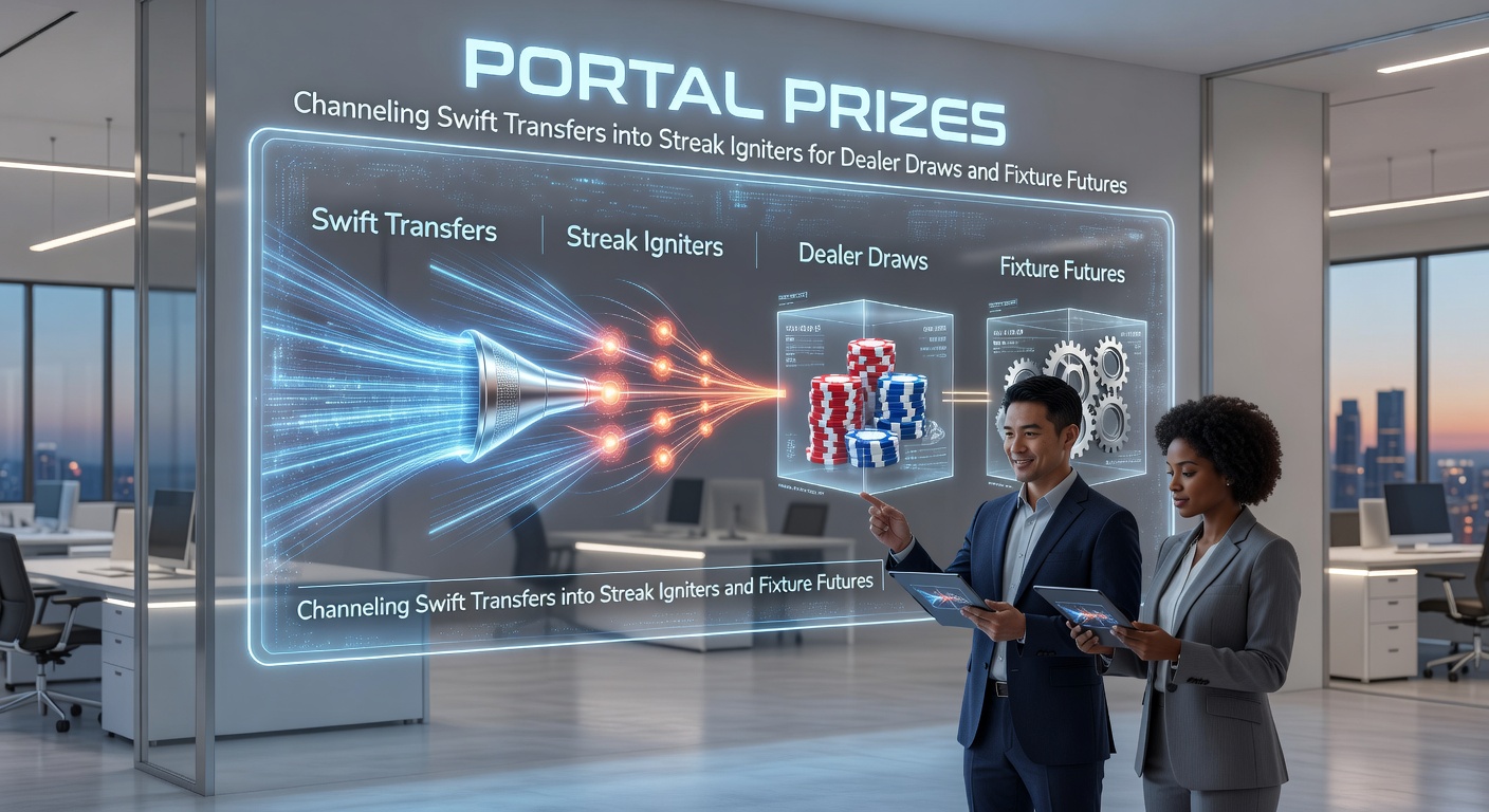 Dynamische illustratie van streak-vuurwerk dat uit een transferportaal spuit, verbindend met dealerkaarten en sportkalenders