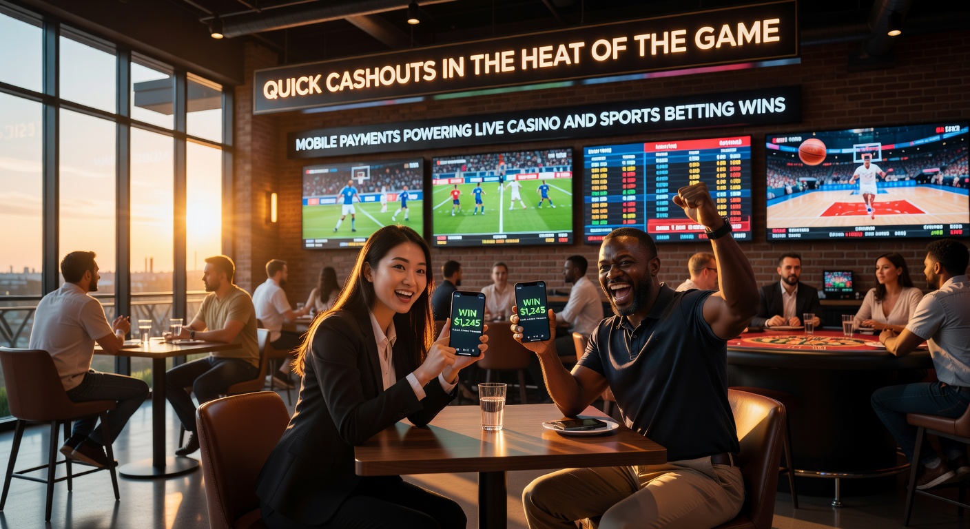 Speler checkt mobiele uitbetaling tijdens live sportwedstrijd, met telefoon in hand en stadion op achtergrond