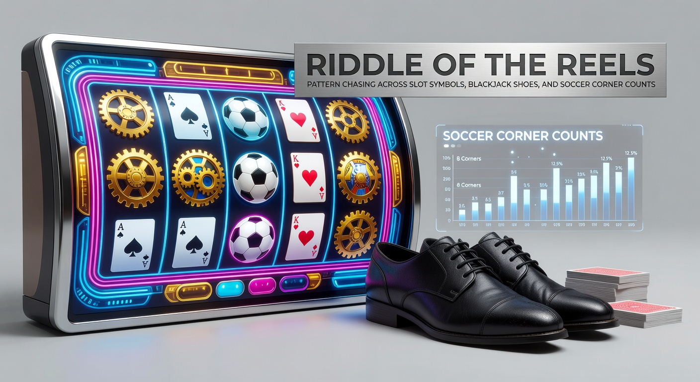 Slotrollen met herhalende symbolen naast een blackjack schoen en een voetbalwedstrijd met hoekschoppen