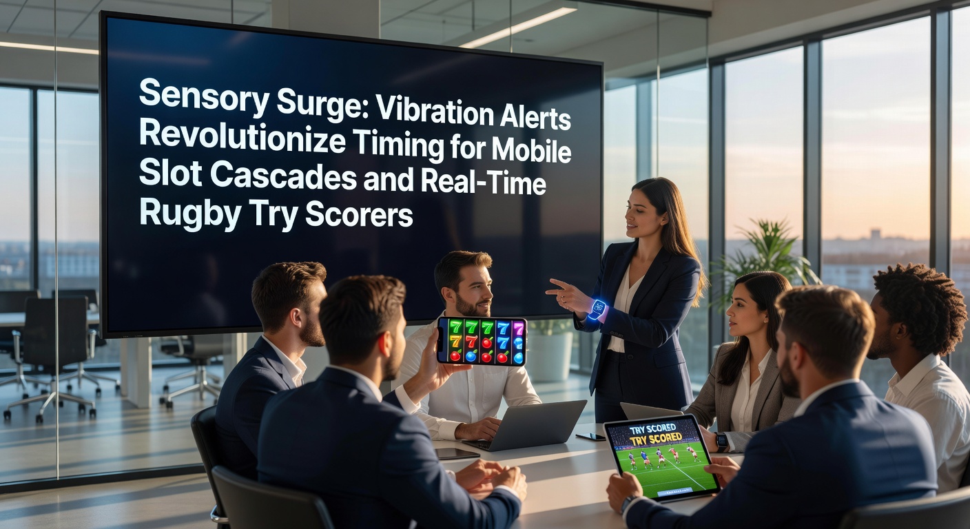 Mobiele telefoon met vibrerende slotspel-interface tijdens een winnende kaskade, naast een rugbyveld met spelers die een try scoren
