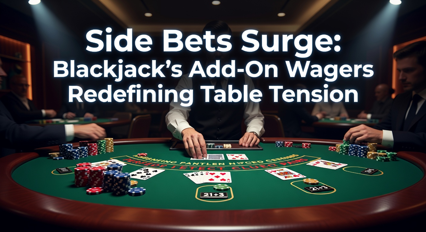Blackjacktafel met spelers die side bets plaatsen, spotlight op extra fiche-inzetten naast de hoofdhand