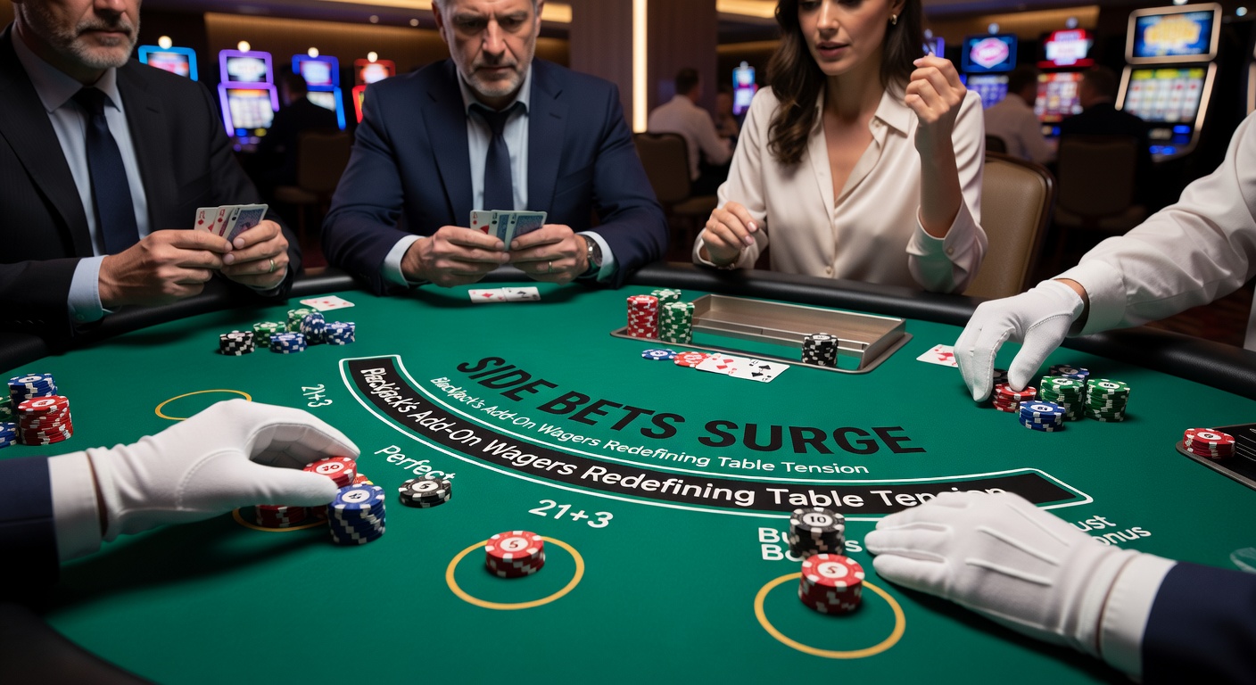 Grafiek met stijgende lijnen van side bet populariteit in blackjack, met pieken in 2026 en casino-voorbeelden