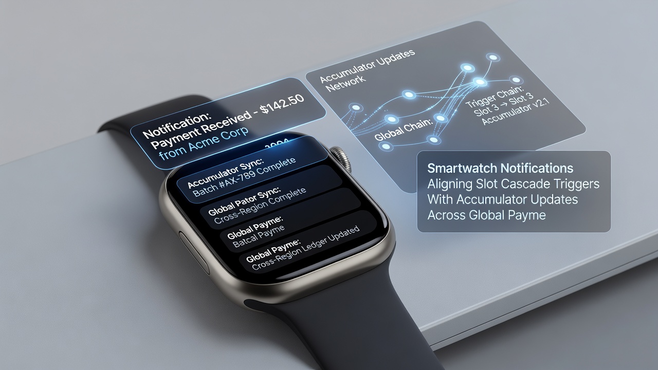 Diagram van smartwatch notificaties die slot cascades en accumulator updates synchroniseren over betalingsnetwerken
