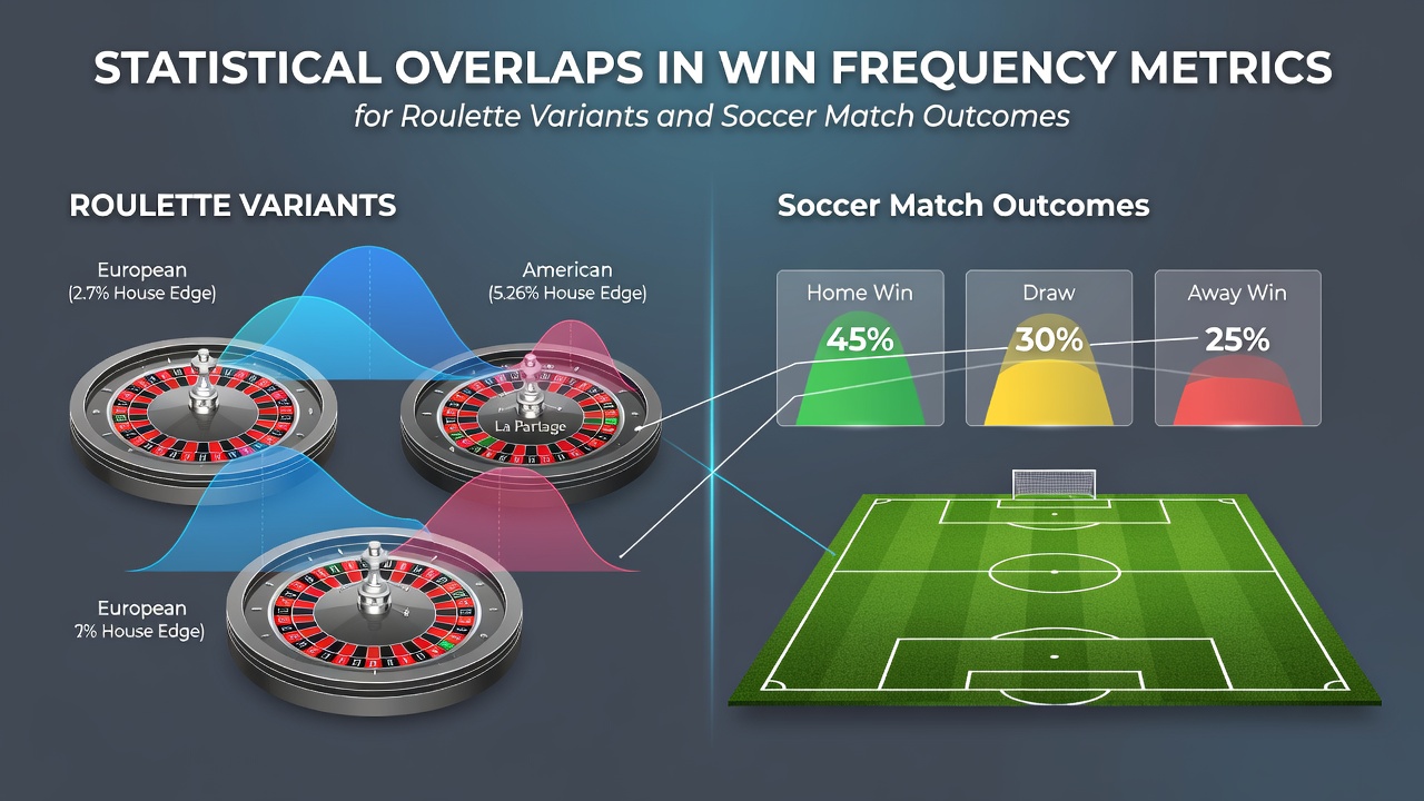 Grafiek die statistische overlappingen toont tussen roulette uitbetalingen en voetbal score verdelingen