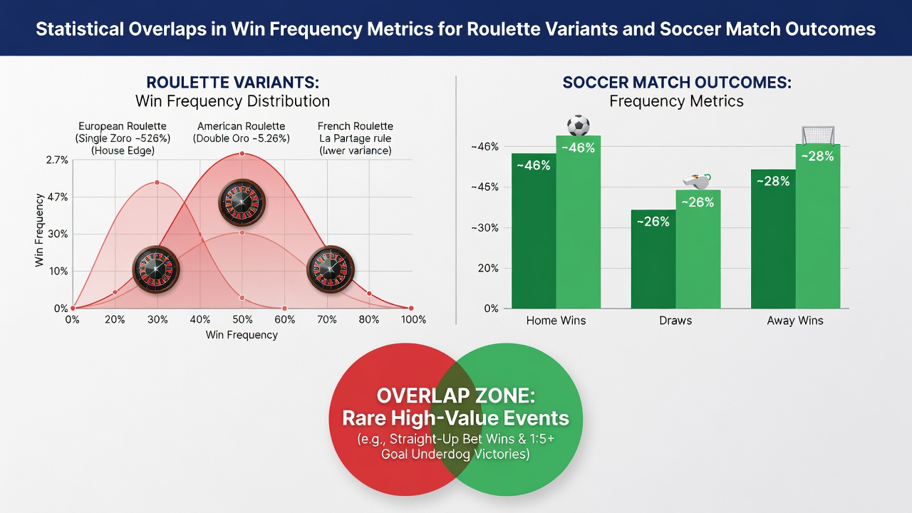 Vergelijkende staafdiagram van winfrequenties in roulette en voetbal uitkomsten