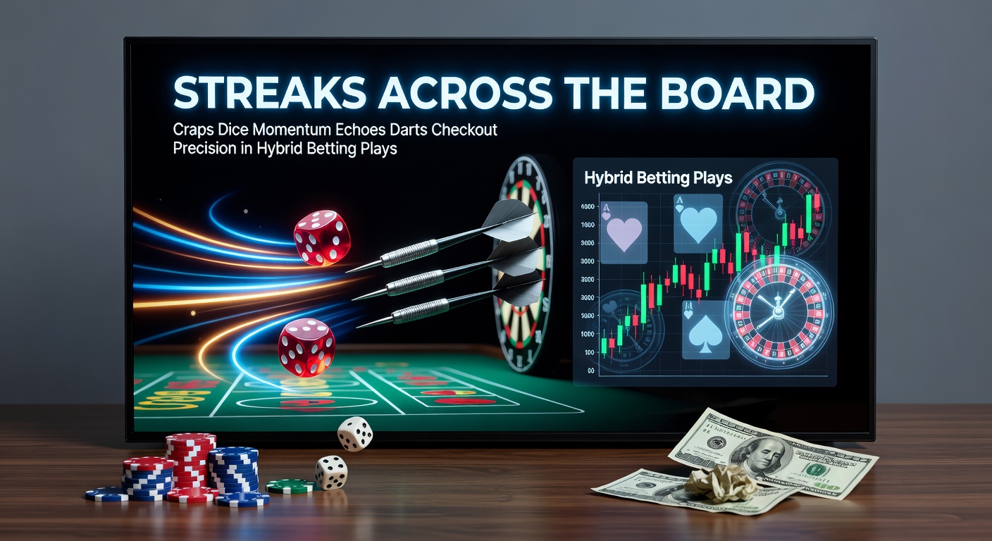 Craps tafel met dobbelstenen in actie tijdens een hete streak, naast een dartsbord met precisie checkout