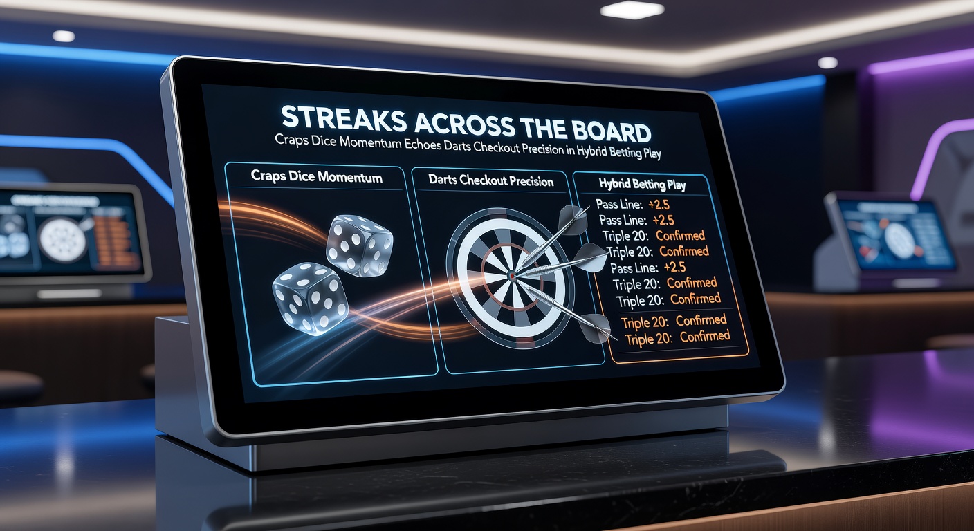Darts speler richt op precisie checkout, met craps dobbelstenen en hybride betting interface op de achtergrond