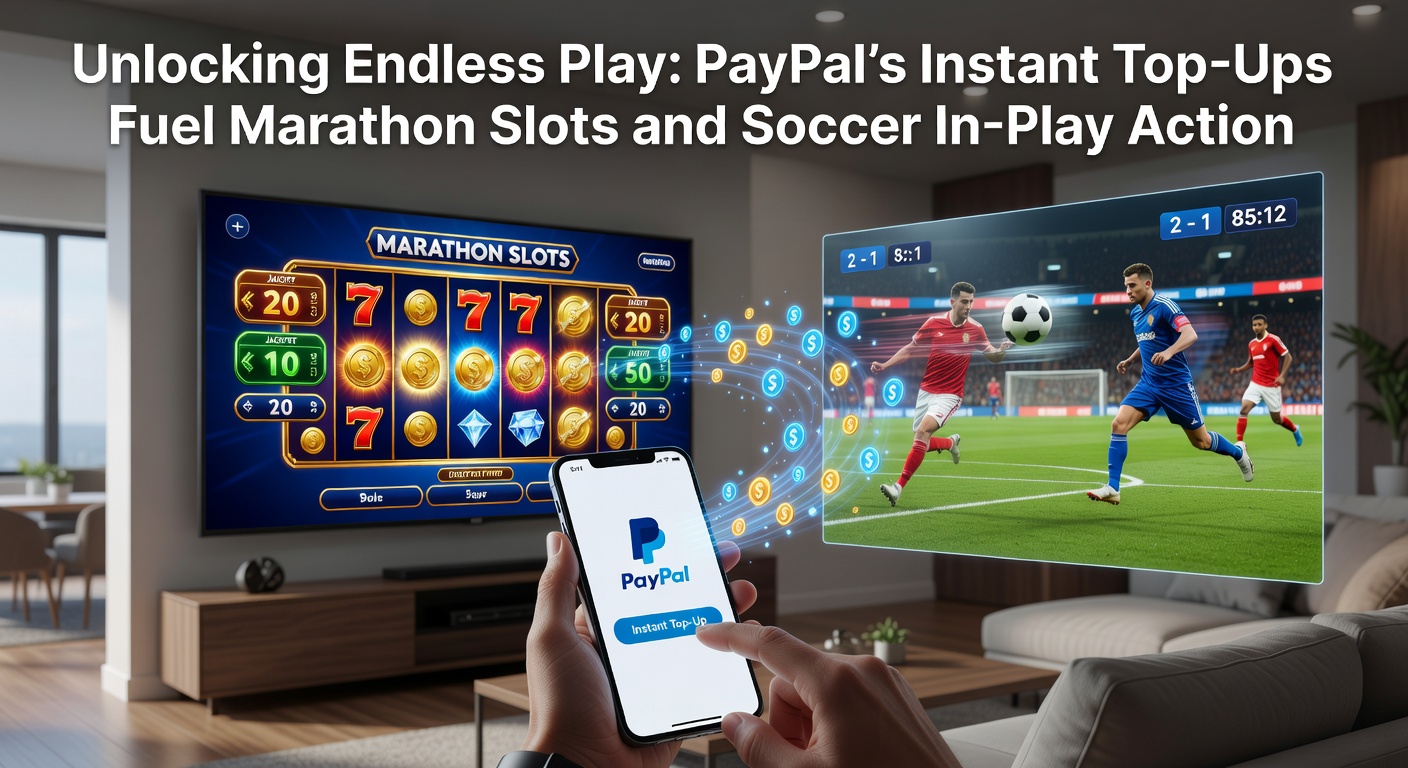 PayPal-logo met slots en voetbalmatch in actie, symboliserend instant stortingen voor non-stop gaming