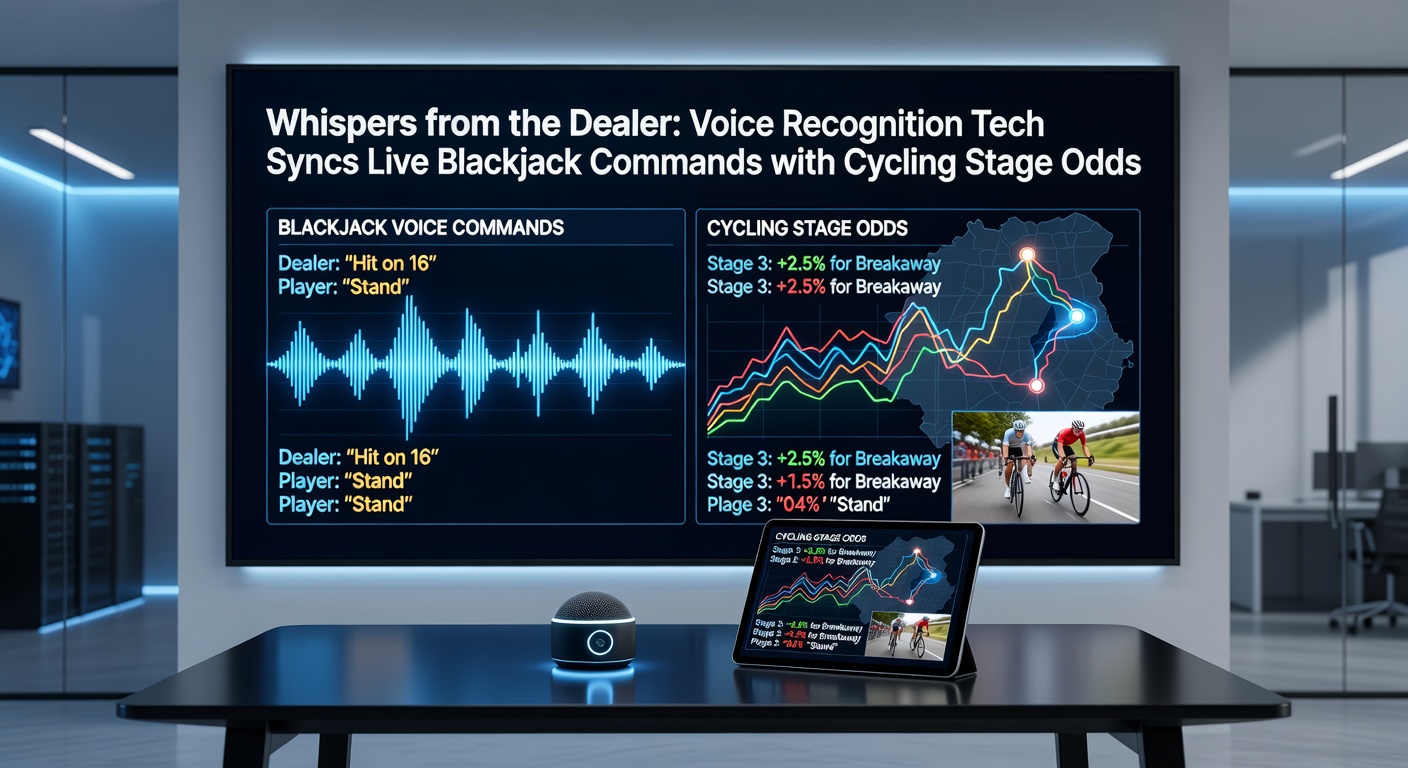 Dealer fluistert commando's in terwijl scherm wielretappe kansen toont tijdens live blackjack sessie
